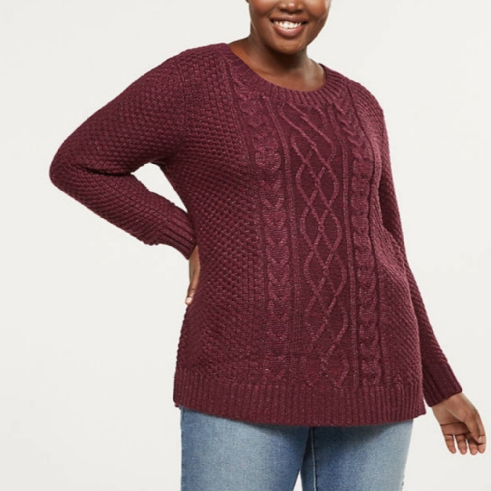Lane Bryant Sparkle Burgundy Cable Knit Sweater Size 26 Plus Size